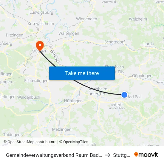 Gemeindeverwaltungsverband Raum Bad Boll to Stuttgart map
