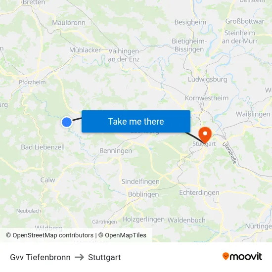 Gvv Tiefenbronn to Stuttgart map