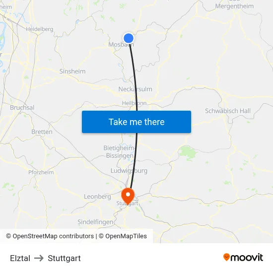 Elztal to Stuttgart map