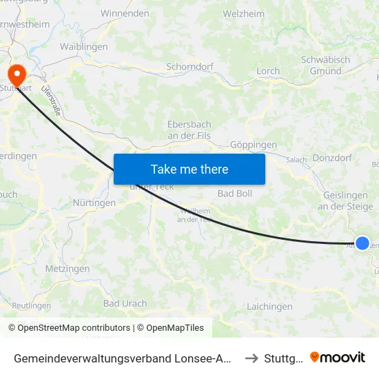Gemeindeverwaltungsverband Lonsee-Amstetten to Stuttgart map