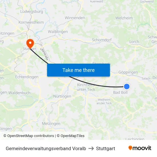 Gemeindeverwaltungsverband Voralb to Stuttgart map