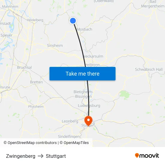 Zwingenberg to Stuttgart map