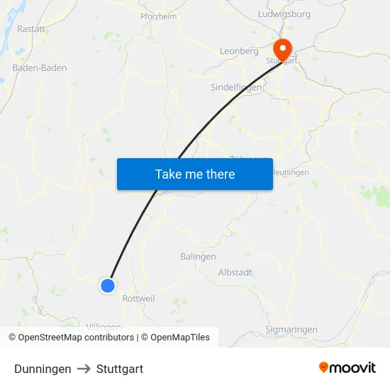 Dunningen to Stuttgart map