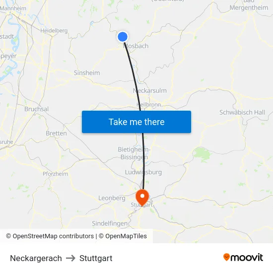 Neckargerach to Stuttgart map