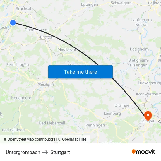Untergrombach to Stuttgart map