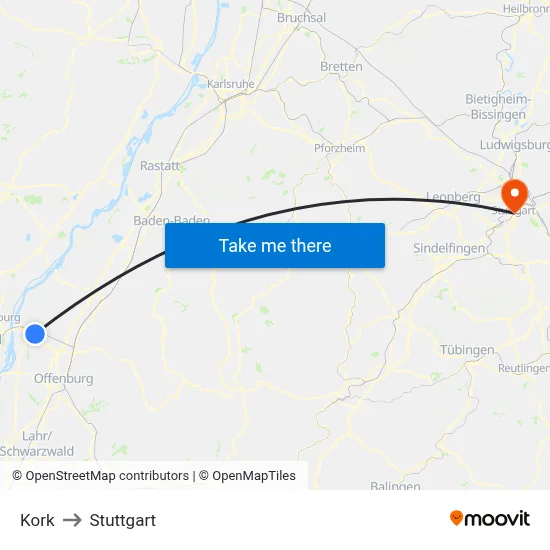 Kork to Stuttgart map