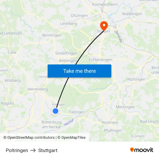 Poltringen to Stuttgart map