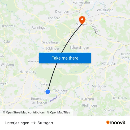 Unterjesingen to Stuttgart map