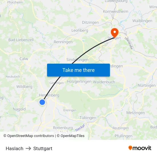 Haslach to Stuttgart map