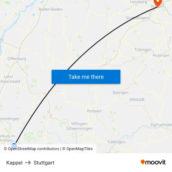 Kappel to Stuttgart map
