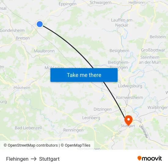 Flehingen to Stuttgart map