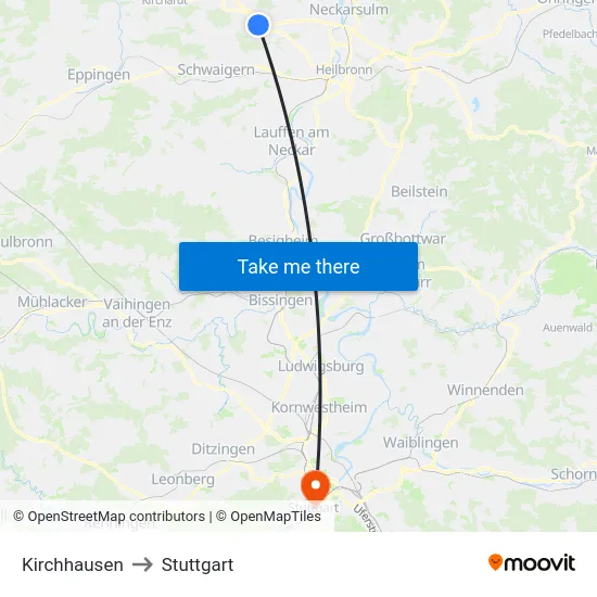 Kirchhausen to Stuttgart map