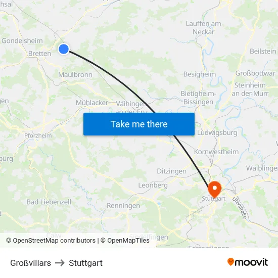 Großvillars to Stuttgart map