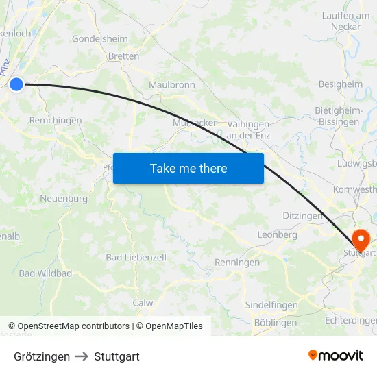 Grötzingen to Stuttgart map