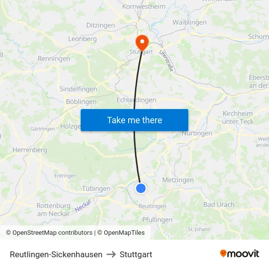Reutlingen-Sickenhausen to Stuttgart map