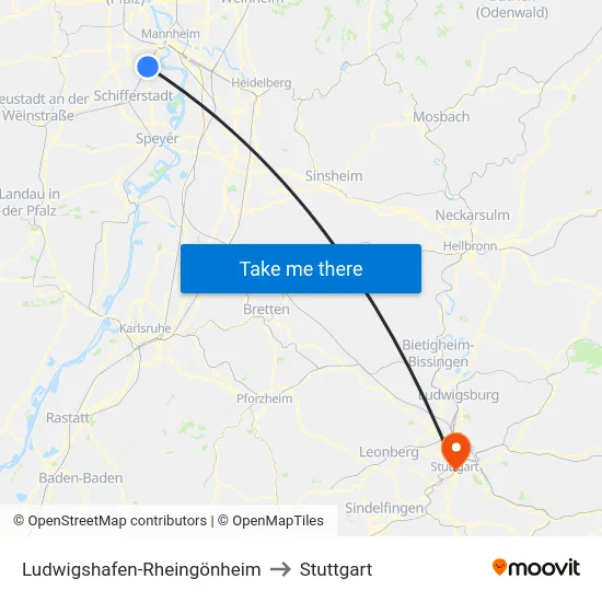 Ludwigshafen-Rheingönheim to Stuttgart map