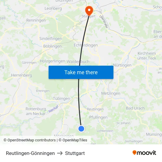 Reutlingen-Gönningen to Stuttgart map