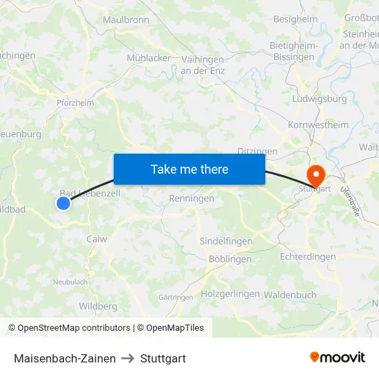 Maisenbach-Zainen to Stuttgart map