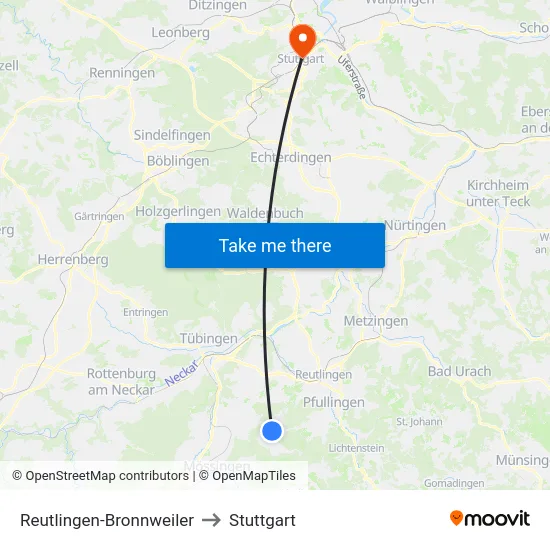 Reutlingen-Bronnweiler to Stuttgart map