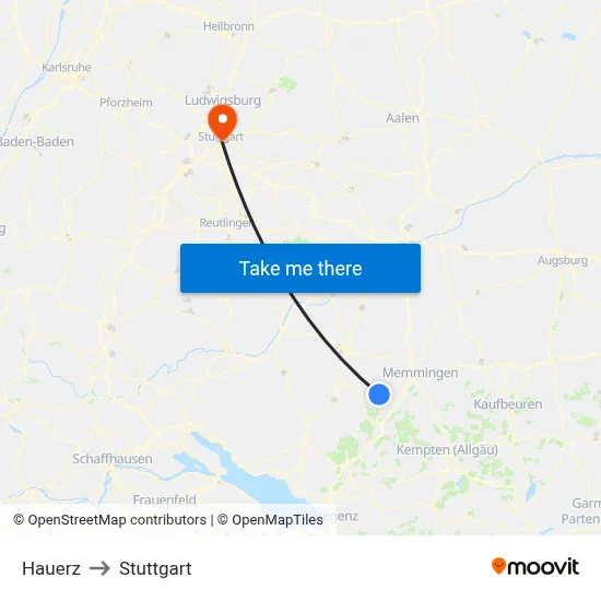 Hauerz to Stuttgart map