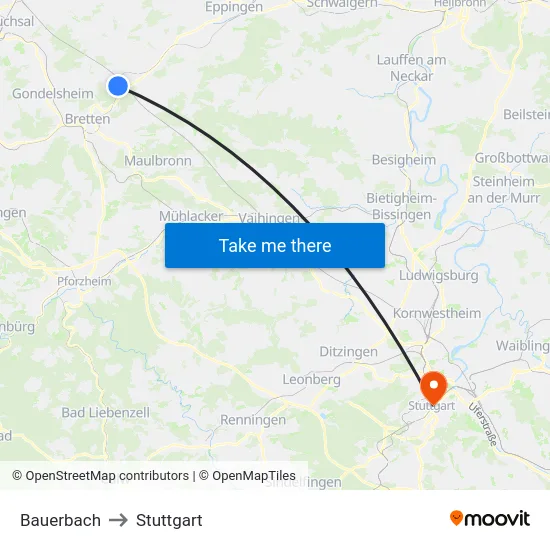 Bauerbach to Stuttgart map