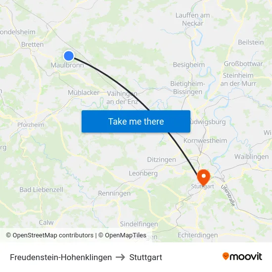 Freudenstein-Hohenklingen to Stuttgart map