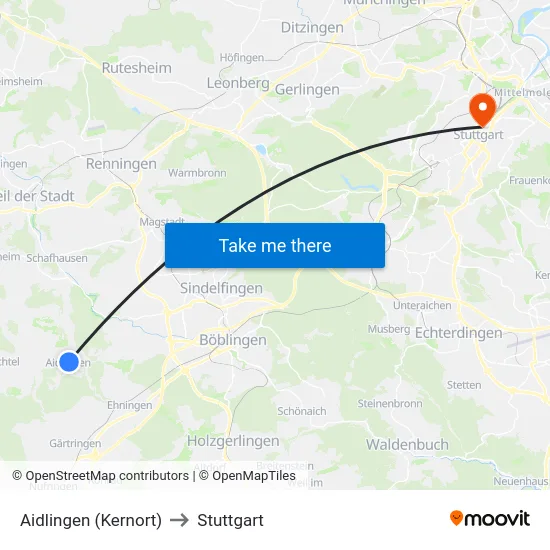 Aidlingen (Kernort) to Stuttgart map