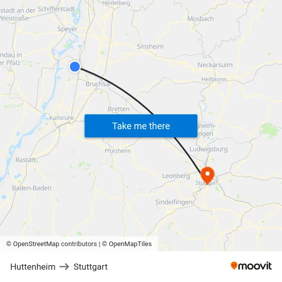 Huttenheim to Stuttgart map
