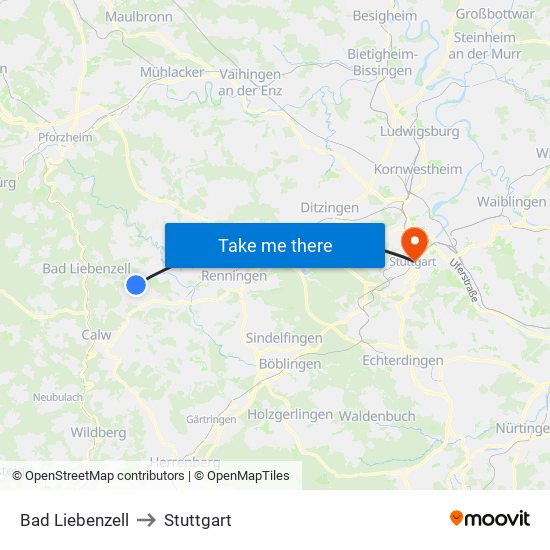 Bad Liebenzell to Stuttgart map