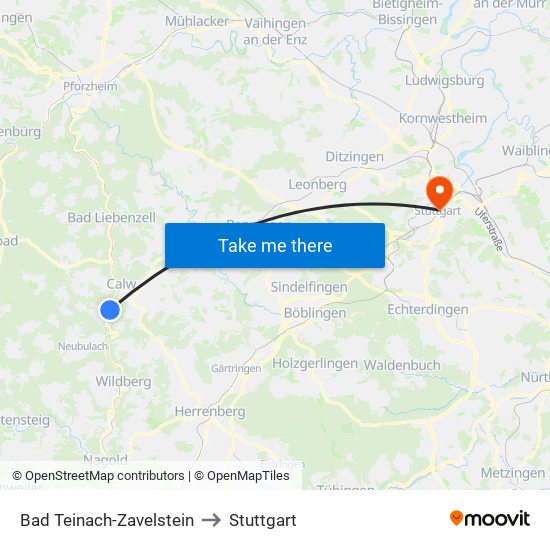 Bad Teinach-Zavelstein to Stuttgart map