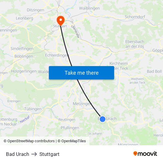 Bad Urach to Stuttgart map