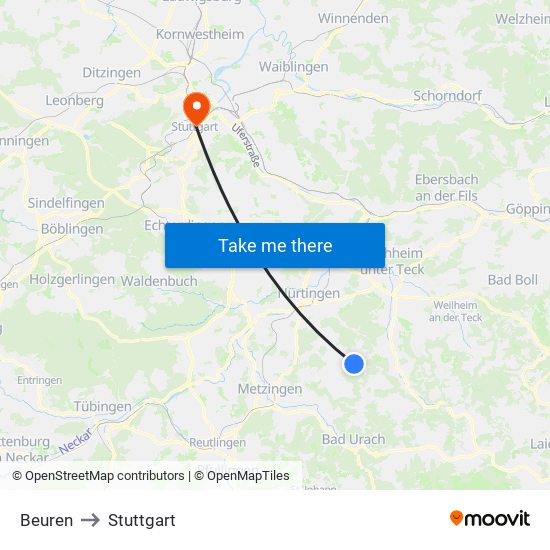 Beuren to Stuttgart map