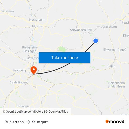 Bühlertann to Stuttgart map