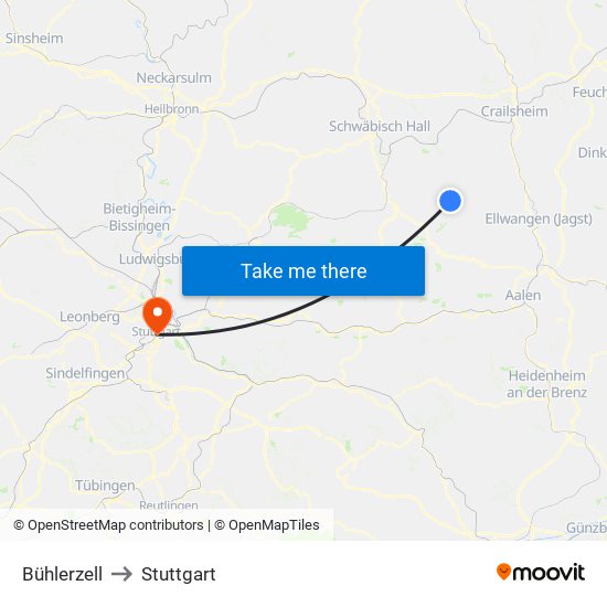 Bühlerzell to Stuttgart map