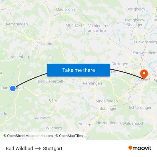 Bad Wildbad to Stuttgart map