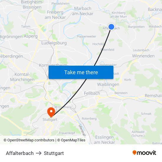 Affalterbach to Stuttgart map