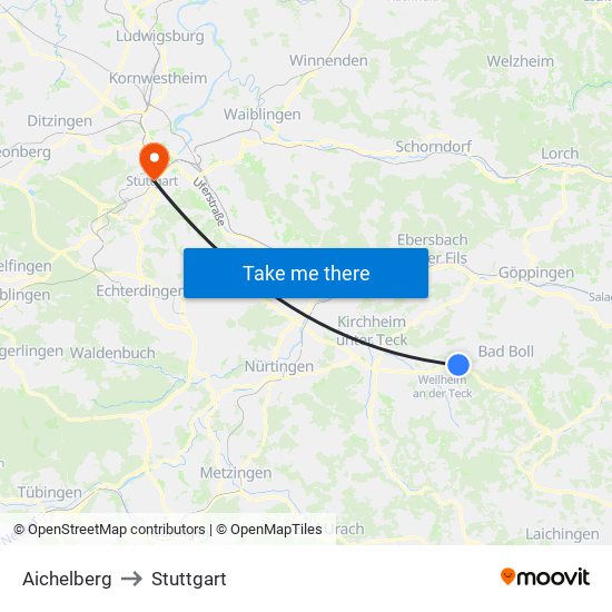 Aichelberg to Stuttgart map