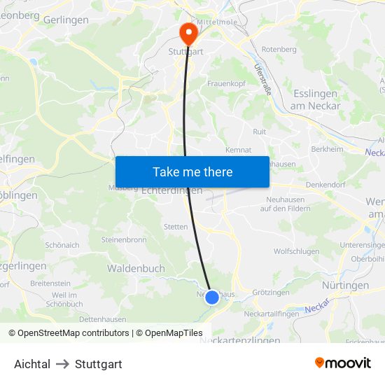 Aichtal to Stuttgart map