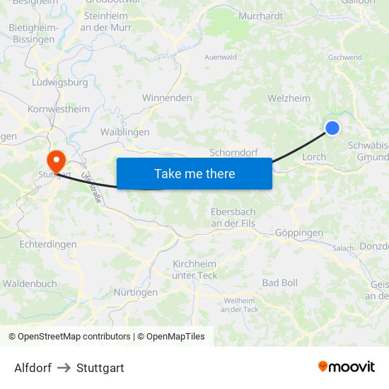 Alfdorf to Stuttgart map