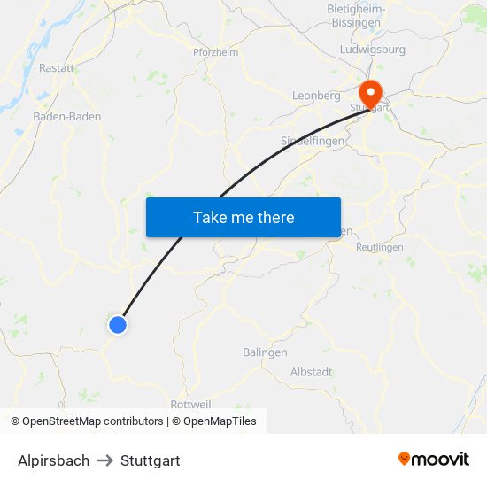 Alpirsbach to Stuttgart map