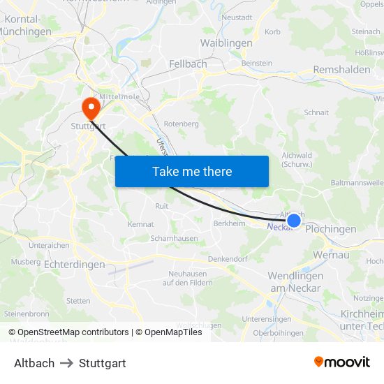 Altbach to Stuttgart map