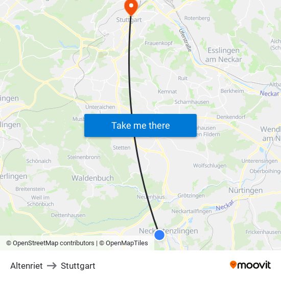 Altenriet to Stuttgart map