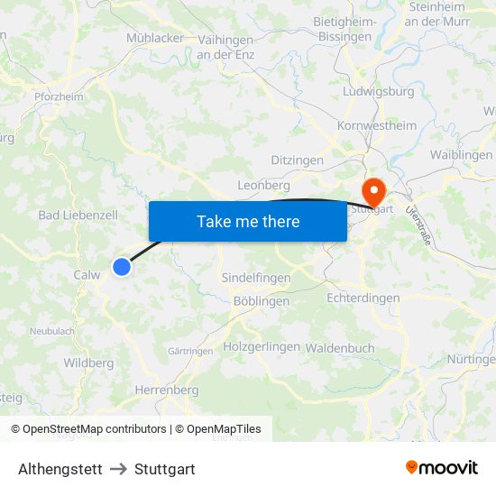 Althengstett to Stuttgart map