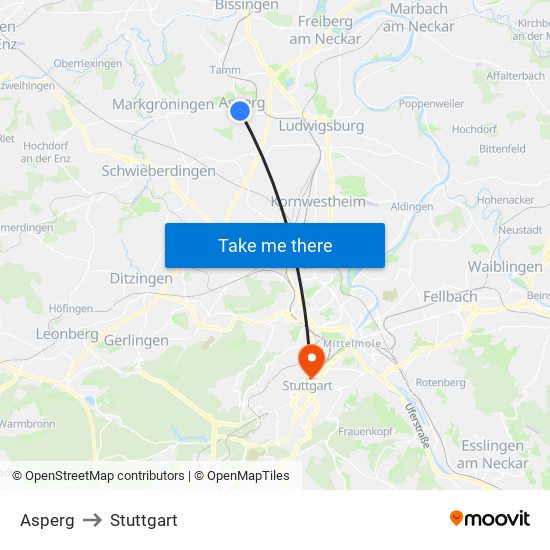 Asperg to Stuttgart map