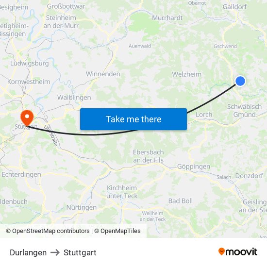 Durlangen to Stuttgart map