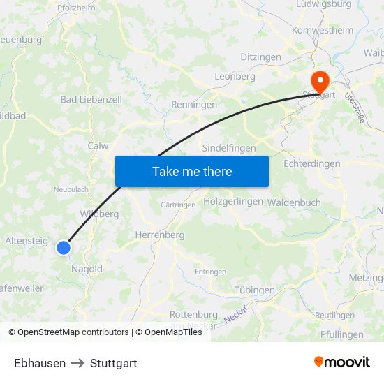 Ebhausen to Stuttgart map
