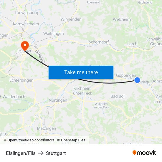 Eislingen/Fils to Stuttgart map