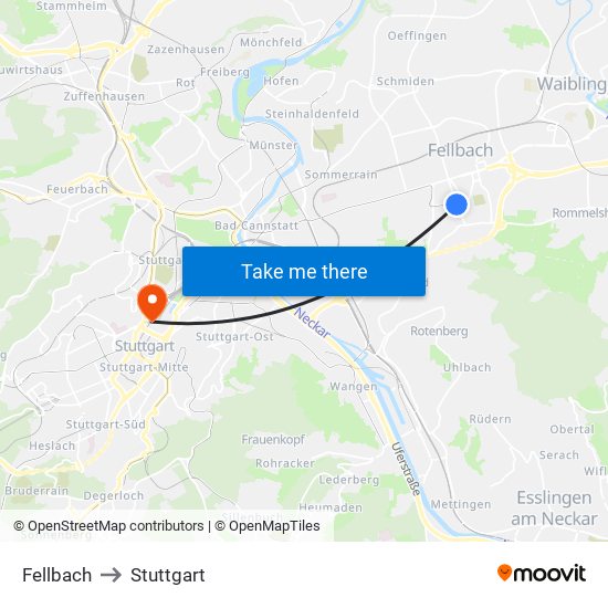 Fellbach to Stuttgart map