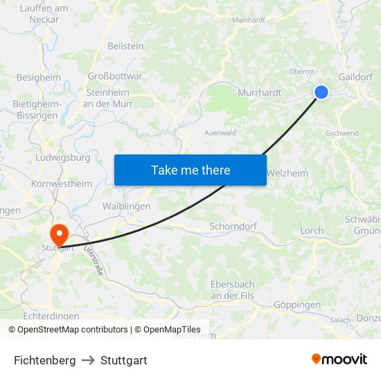 Fichtenberg to Stuttgart map