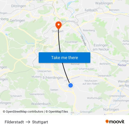 Filderstadt to Stuttgart map